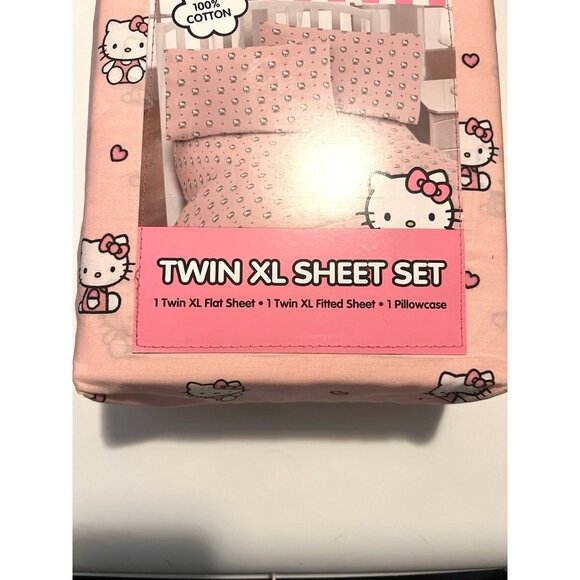 NWT SANRIO HELLO KITTY Twin X-Long Sheet Set w/ Pink Bows & Hearts 100% Cotton - Picture 4 of 9